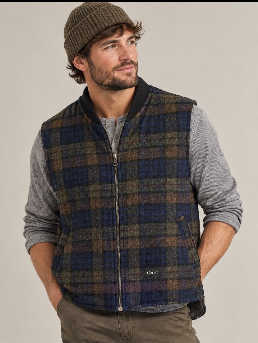 Vintage Wool Plaid Cabin Zip Vest Warm Layering Navy Brown Green Codet Large